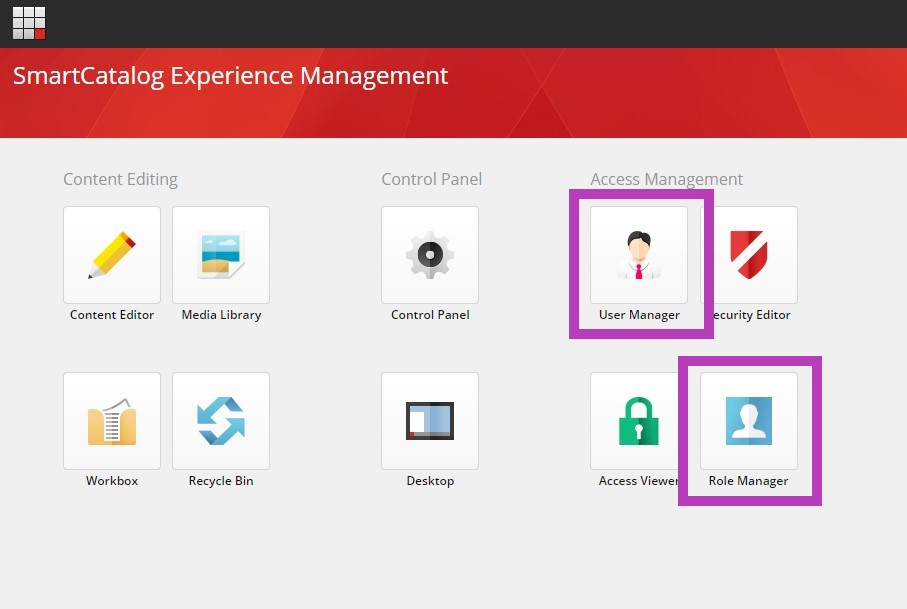 The SmartCatalog Experience Management screen showing the User Manager and Role Manager icons highlighted within the Access Management section.