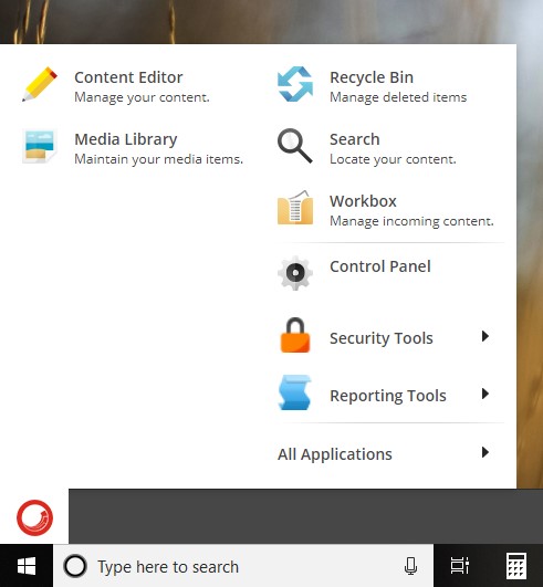 The desktop menu showing options for Content Editor, Media Library, Recycle Bin, Search, Workbox, and Control Panel, followed by expandable menus for Security Tools and Reporting Tools, with an All Applications at the bottom.