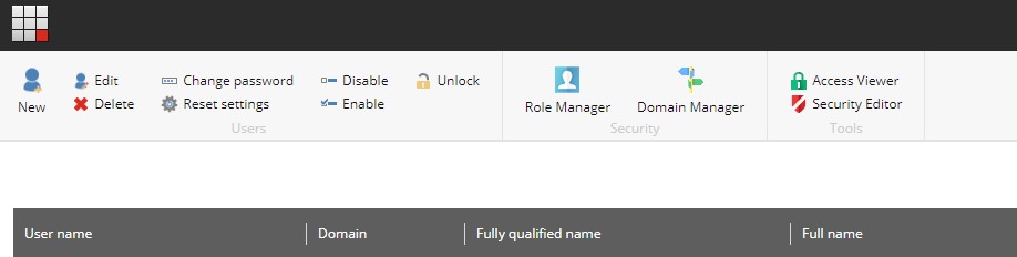 The page showing toolbar actions for New, Edit, Delete, Change password, Reset settings, Disable, Enable, and Unlock, followed by links for Role Manager, Domain Manager, Access Viewer, and Security Editor. A table below showing column headers for User name, Domain, Fully qualified name, and Full name.
