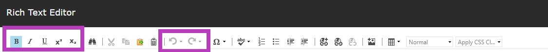 The rich text editor toolbar showing formatting icons with the bold, italic, underline, superscript, and subscript group highlighted, and the undo and redo group highlighted.