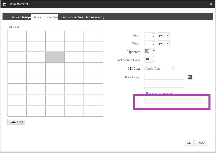 The table wizard showing the table properties panel with the black field highlighted.