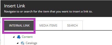 The insert link window showing the Internal Link tab highlighted.