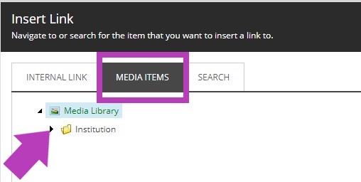 The insert link window showing the Media Items tab highlighted with the media library folder indicated by an arrow.