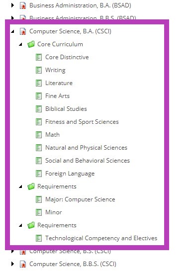 The program tree showing the expanded Computer Science, B.A. section with Core Curriculum containing Core Distinctive, Writing, Literature, Fine Arts, Biblical Studies, Fitness and Sport Sciences, Math, Natural and Physical Sciences, Social and Behavioral Sciences, and Foreign Language, followed by Requirements containing Major: Computer Science, Minor, and Requirements with Technological Competency and Electives.
