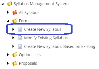 The Syllabus‑Management‑System folder tree showing the Forms section expanded, with 'Create New Syllabus' highlighted.