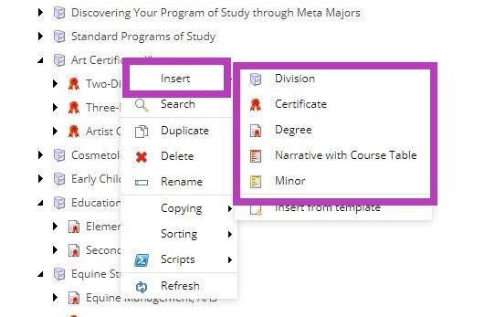 The catalog tree menu showing Insert option expanded with choices for Division, Certificate, Degree, Narrative with Course Table, and Minor.