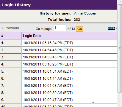 A Login History page showing the user's name, total number of logins, page navigation controls, and a table listing login dates and times in chronological order.