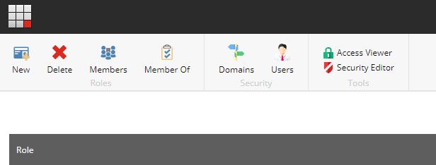 The page showing toolbar actions for New, Delete, Members, Member Of, Domains, Users, Access Viewer, and Security Editor, followed by a table with the Role column header at the top.