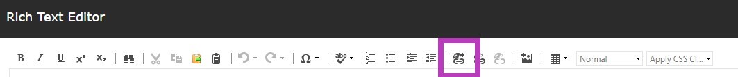 The rich text editor toolbar showing the link insert sitecore icon highlighted.