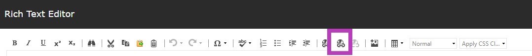 The rich text editor toolbar showing the hyperlink manager icon highlighted.