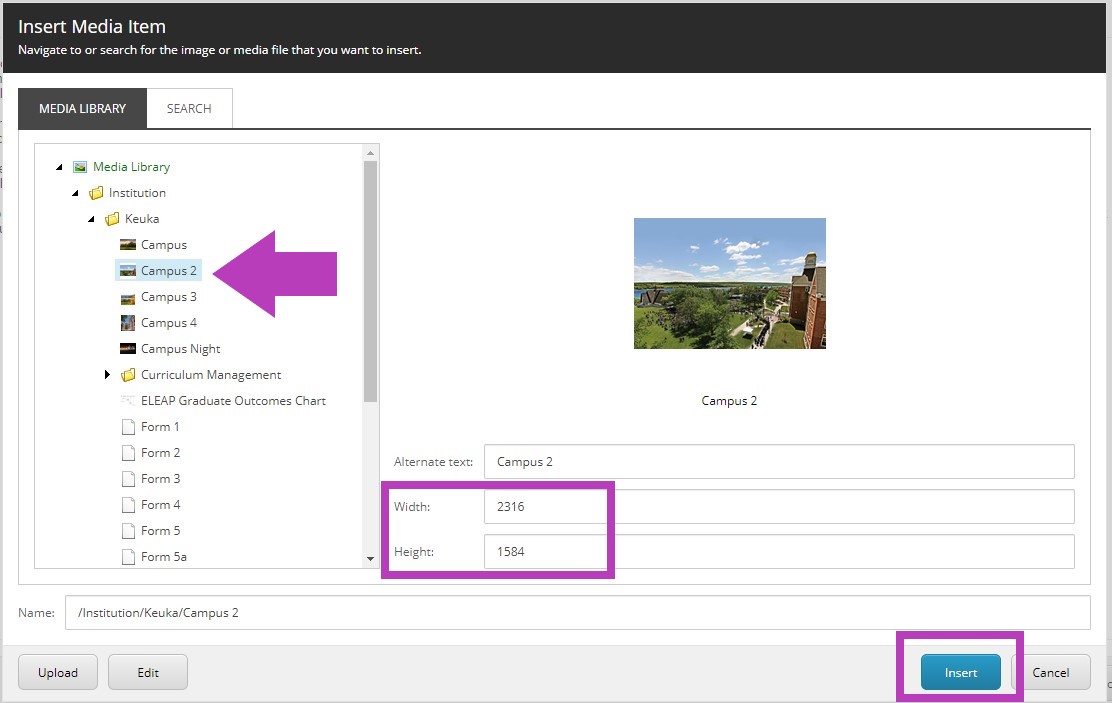 The insert media item window showing the Media Library section with the Campus 2 folder indicated by an arrow, the Image Properties subsection showing the width and height fields highlighted, and the Insert button highlighted.