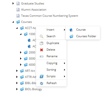 A course folder structure showing nested course folders under a Courses directory, alongside a context menu with options including Insert with sub‑options for Course or Courses Folder, Search, Duplicate, Delete, Rename, Copying, Sorting, Scripts, and Refresh.