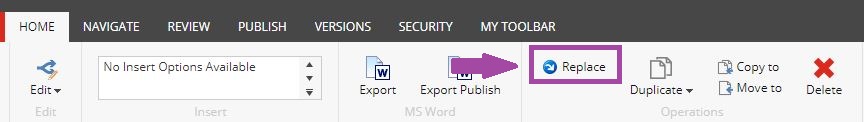 The home tab showing the operations section with the 'Replace' button highlighted.