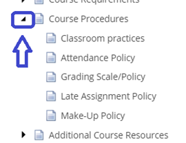 The Course Procedures section showing a list of policy sub‑items, with an arrow pointing to the expand icon next to the Course Procedures folder.