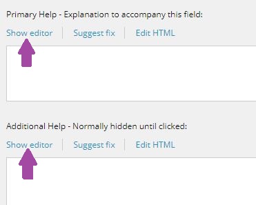 The Course Procedures page showing the Primary Help and Additional Help sections, with arrows pointing to the Show editor links for both fields.