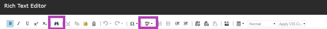 The rich text editor toolbar showing icons with the Find/Replace and the SpellChecker highlighted.