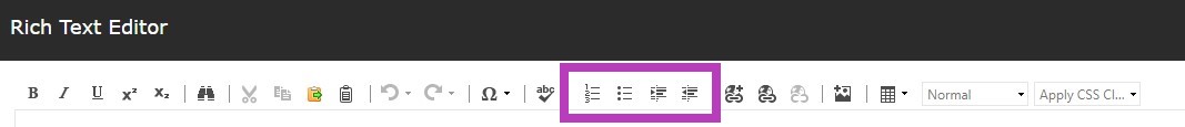 The rich text editor toolbar showing the list and indent group highlighted.