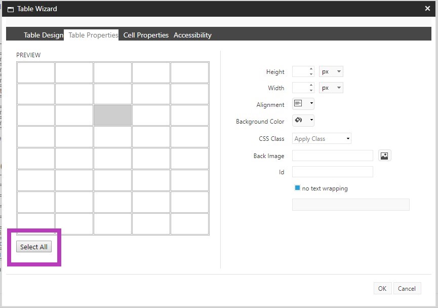 The table wizard showing the preview grid with the Select All button highlighted.