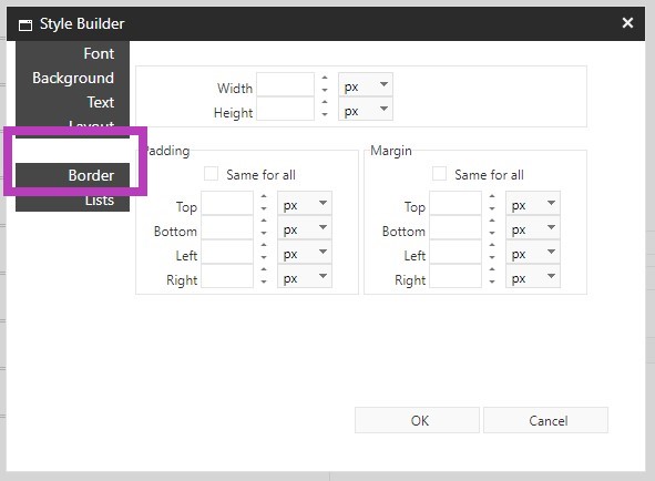The style builder showing the left menu with the Border option highlighted.