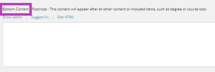 The Bottom Content section showing a footnote description, options for Show editor, Suggest fix, and Edit HTML, and an empty content editor box.