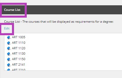 The Course List section highlighted, showing an Edit button above a list of course items.
