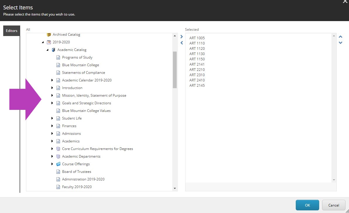 The Select Items modal showing the catalog tree on the left with Academic Catalog expanded and the Selected list on the right displaying selected ART courses, with the catalog tree area highlighted.