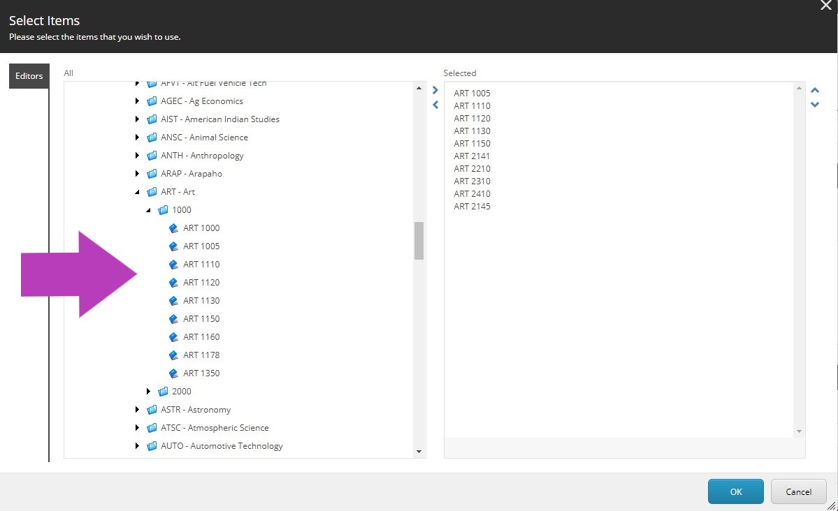 The Select Items modal showing the catalog tree on the left with the ART section expanded to display ART 1000–ART 1350 courses, and the Selected list on the right showing selected ART courses, with the ART course list area highlighted.