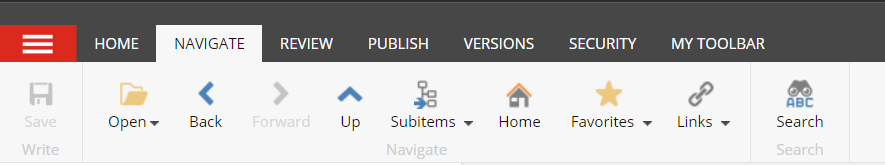 A navigation toolbar showing menu options labeled Home, Navigate, Review, Publish, Versions, Security, and My Toolbar, along with icons for actions such as Open, Back, Up, Subitems, Home, Favorites, Links, and Search.