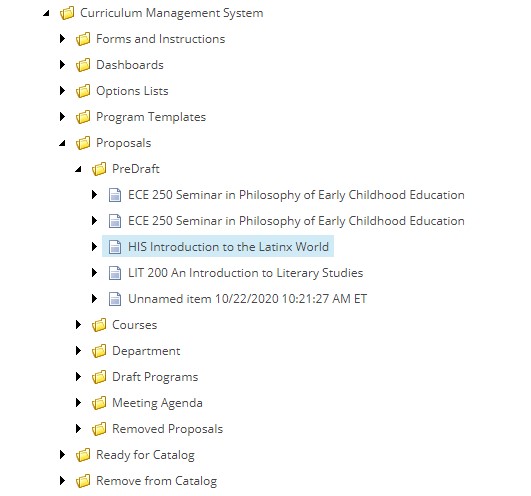 The Curriculum Management System folder view showing expanded subfolders, including Forms and Instructions, Dashboards, Options Lists, Program Templates, and Proposals, with several items listed under the PreDraft proposals folder.