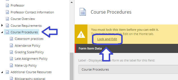 The Course Procedures page showing the selected Course Procedures item on the left and a warning banner on the right, with an arrow pointing to the Lock and Edit button required before making changes.