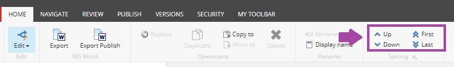 The Home toolbar page showing sorting controls on the right, with an arrow pointing to the Up, Down, First, and Last options used to reorder items.