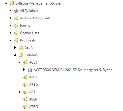 The Syllabus‑Management‑System page showing a folder tree with expandable folders for All Syllabus, Archived Proposals, Forms, Option Lists, Proposals, and Syllabus, with course folders listed under Syllabus.