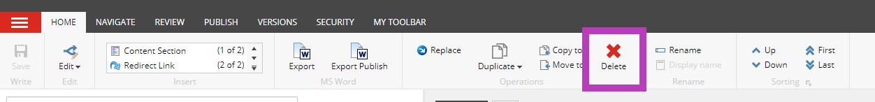 The Home toolbar page showing various editing and publishing options, with the Delete button highlighted on the right side of the toolbar.