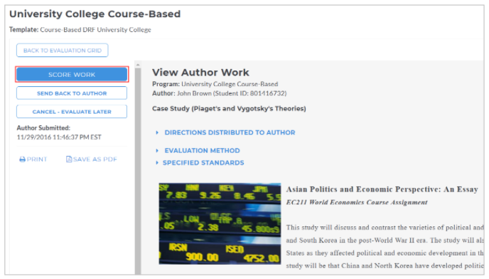 A program evaluation page showing the program name, navigation buttons including Score Work, Send Back to Author, and Cancel – Evaluate Later, along with a View Author Work section showing links for directions, evaluation method, specified standards, and the submitted work preview.