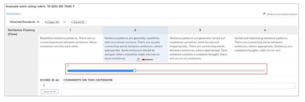 A rubric scoring panel showing performance level descriptions for the Sentence Fluency criterion with a slider positioned under the selected level, a numeric score box, and a field for comments on the criterion.