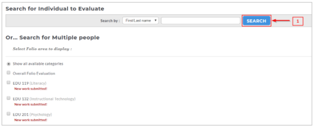 An evaluation search page showing a search bar with a Search button highlighted with label 1, followed by a section for searching multiple people with a list of folio areas displaying items marked as 'New work submitted'.