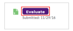 A submitted item panel showing an Evaluate button above the submission date.