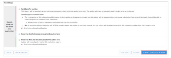 A next‑steps panel showing options to send back for revision, save a copy of the submission with yes or no choices, record as final but release later, and record and release the evaluation now with an optional email notification, along with a Submit Evaluation Now button.