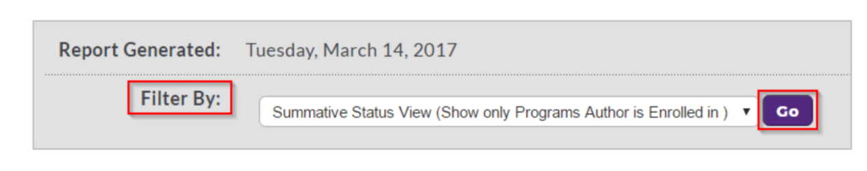 The Report Generated section showing Filter By label with a dropdown labeled Summative Status View and a Go button highlighted.
