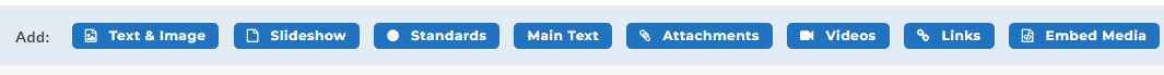 The Add toolbar showing buttons for Text & Image, Slideshow, Standards, Main Text, Attachments, Videos, Links, and Embed Media.