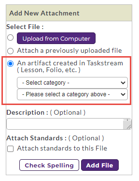The Add New Attachment section showing the option An artifact created in Taskstream highlighted with two dropdown fields for category and subcategory.