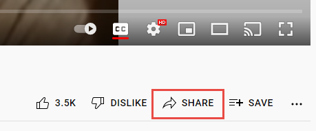 The Video player controls showing icons beneath the video, followed by buttons for like, dislike, Share, and Save. Share button is highlighted.
