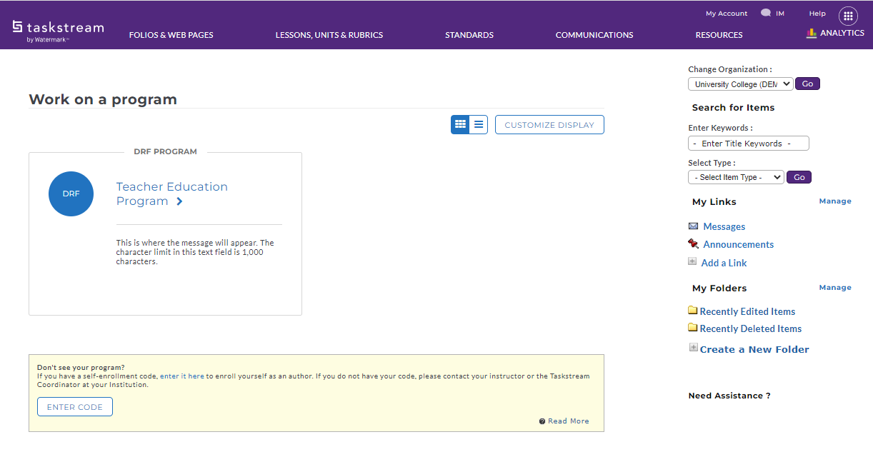 The program workspace page showing a single available program tile and options to search, customize the display, or enter an enrollment code.