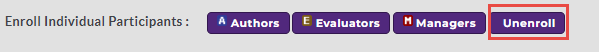 The enrollment controls section showing options to add authors, evaluators, managers, and an Unenroll button highlighted on the right.