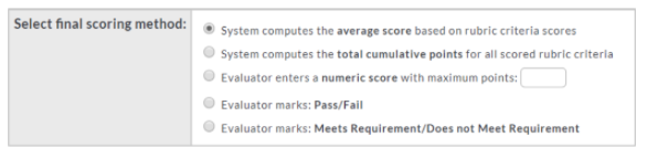 A final scoring method section showing options for computing the final score, including allowing the system to compute the average score based on rubric criteria scores, computing total cumulative points for all scored rubric criteria, allowing an evaluator to enter a numeric score with a maximum value, or marking Pass/Fail or Meets Requirement/Does Not Meet Requirement.