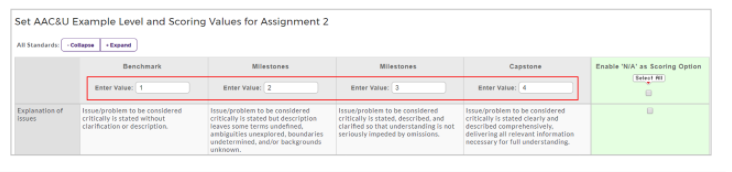 A scoring setup page for Assignment 2 showing level titles such as Benchmark, Milestones, and Capstone, each with an Enter Value field highlighted, along with descriptions explaining the performance expectations for each level and an option to enable ‘N/A’ as a scoring option.