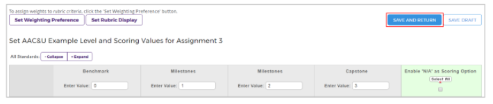 A scoring setup page showing level and scoring values for Assignment 3, including benchmark, milestones, and capstone levels with corresponding numeric values, an option to enable ‘N/A’ as a scoring option, and a highlighted Save and Return button with an additional option to save the draft.