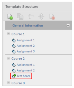 A template structure panel showing sections for General Information, Course 1, Course 2, and Course 3, each containing assignment items. Under Course 2, an item labeled Test Score is highlighted.