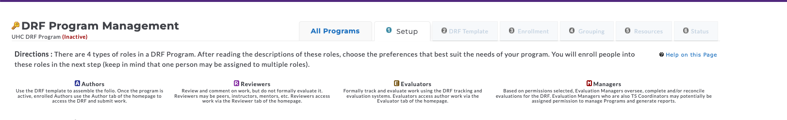 The DRF Program Management page showing the main setup tabs and role descriptions for the program.