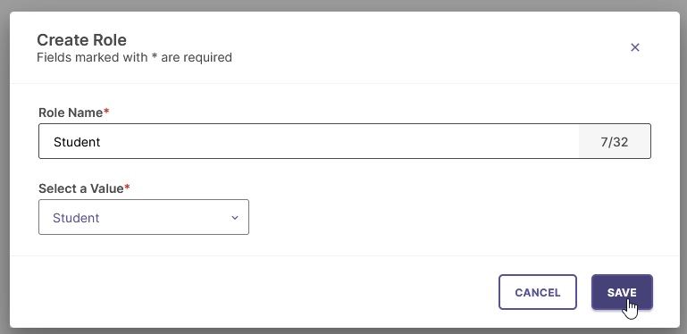 A 'Create Role' pop-up window is displayed with fields for 'Name' and 'Role Value'. A 'Save' button is at the bottom. The image is annotated with a red circle around the Save button.